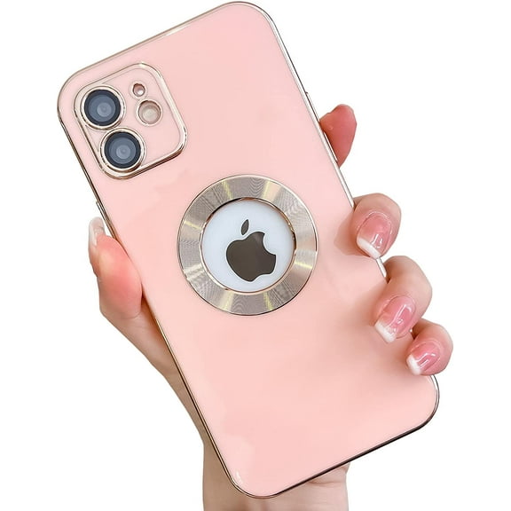 Cute for iPhone 13 6.1-inch Case with Gold Logo Circle,Plating Shockproof Protective Soft Silicone Back Cover Cases with Clear Acrylic Camera Lens Protector(Pink)