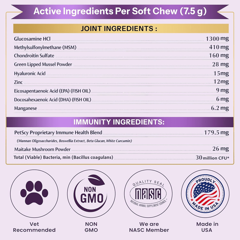 Petscy Longevity Hip and Joint, Immune Support for Dogs – Large (7.5g Chew) – High Dose Glucosamine, MSM, Chondroitin, Green Lipped Mussel, Omega 3, Probiotics – 30 Chews (Large Dogs) – 3 Pack