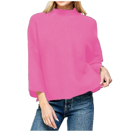 BLVB Fall Sweaters for Women 2024 Solid Color Turtleneck 3/4 Sleeve Pullover Tops Casual Cozy Knit Sweater Blouses