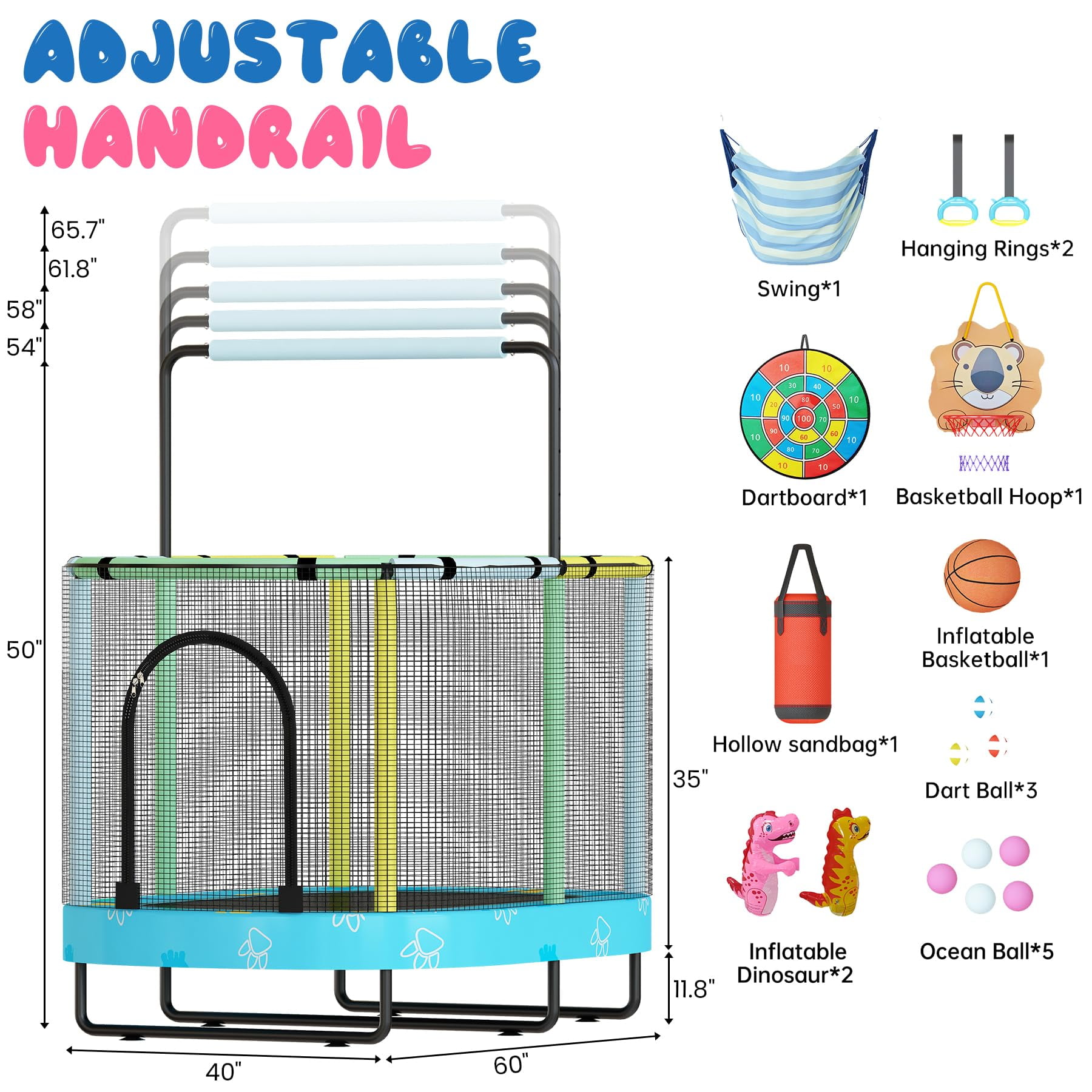 MOOSENG Elliptic Kids Trampoline, Bouncing Trampoline with Safety Enclosure Net, Adjustable Height Handrail, 500lbs Capacity, Designs for Boys & Girls, 7-in-1, 55” (Blue Dinosaur)