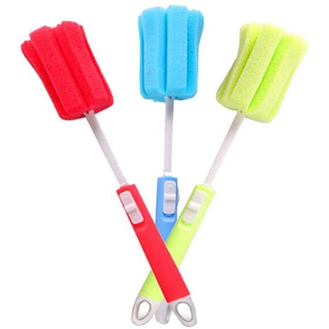 Paquete de 3 cepillos de esponja de espuma con mango largo ajustable para limpiar biberones, vasos y tazas (color aleatorio)