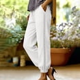 thumbnail image 5 of Women's Linen Pants with Pockets Side Lace Trim Trendy Beach Vacation Casual Trousers Elastic Bottom (S, White), 5 of 7