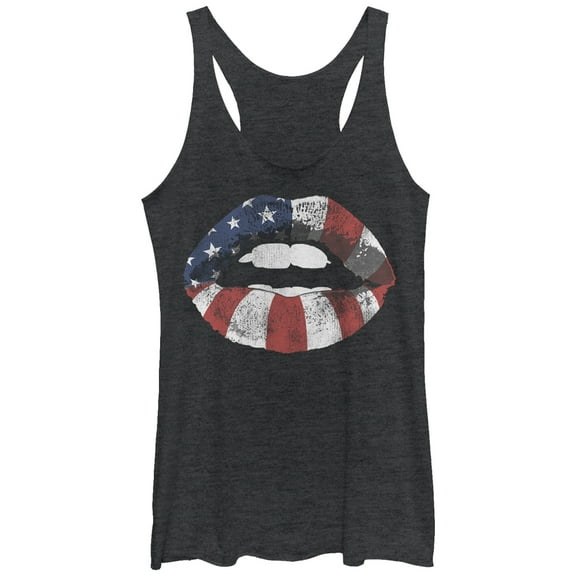 Women's Lost Gods Fourth of July American Flag Kiss Racerback Tank Top Black Heather Large