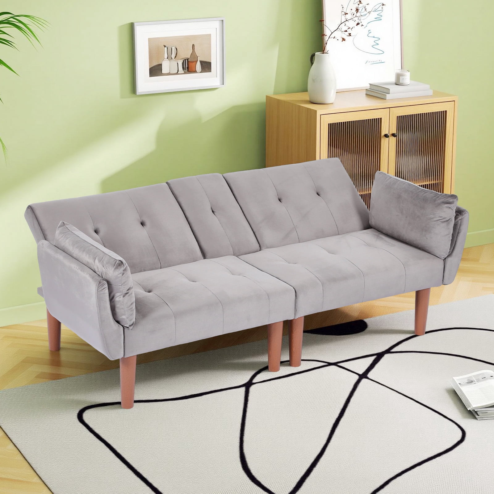 Leumius 72 Inch Futon Sofa Bed,Velvet Futon Couch with Adjustable Backrest and Cupholders,Suitable for Apartment,Living Room,Small Space,Dark Gray