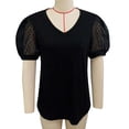 thumbnail image 1 of Camiseta con cuello en V para mujer, manga corta abombada, empalme de encaje, Color puro, holgada, camiseta de verano, negro, XL, 1 of 3