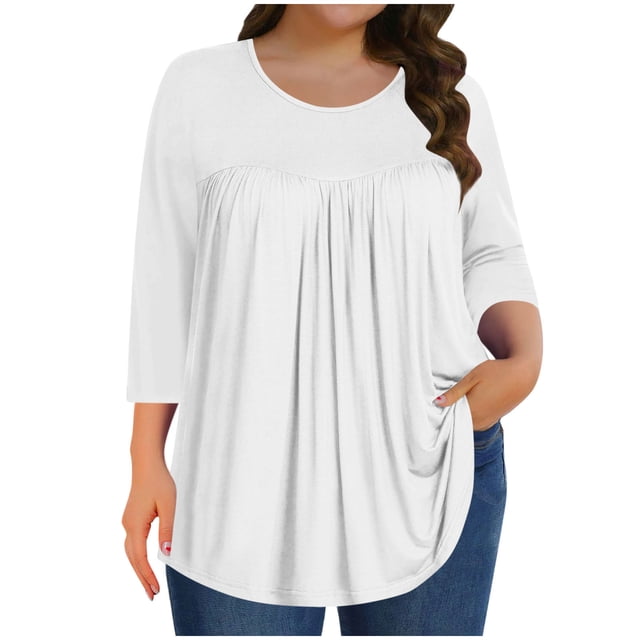 Yuyuzo Hauts de Pyjama Grande Taille pour Femmes Manches 3/4 Col Rond Plissé Couche de Base Tunique Ample