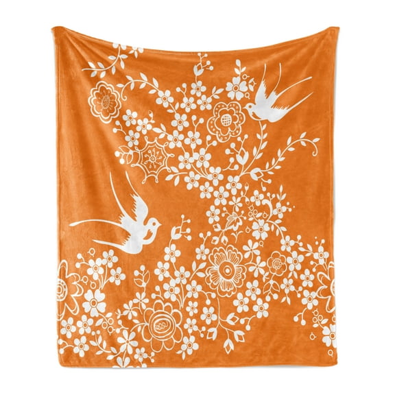 Orange and White Soft Flannel Fleece Blanket, Spring Cherry Tree in Full Blossom with Flying Birds Japanese Nature, Cozy Plush for Indoor and Outdoor Use, 50" x 60", Orange and White, by Ambesonne