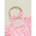 thumbnail image 5 of Musuos Baby Girl 2 Piece Sweet Summer Set, 0-18Months Pink Daisy Print Long Sleeve Ribbed Romper Dress Bow Headband Infant Outfits, 5 of 9