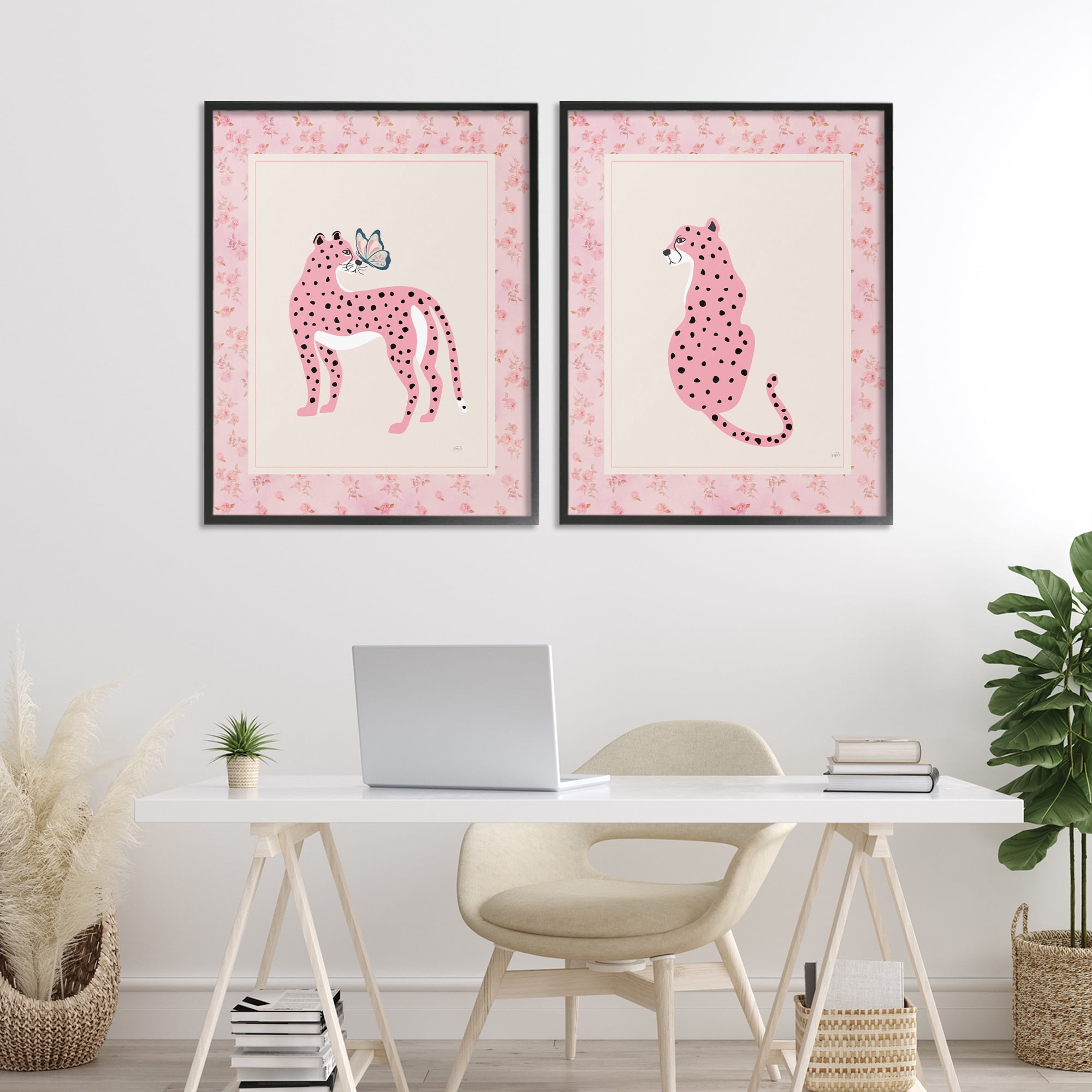 Stupell Industries Pink Leopard & Floral Border 2 Piece Black Framed Giclee Art Set, design by Natalie Carpentieri