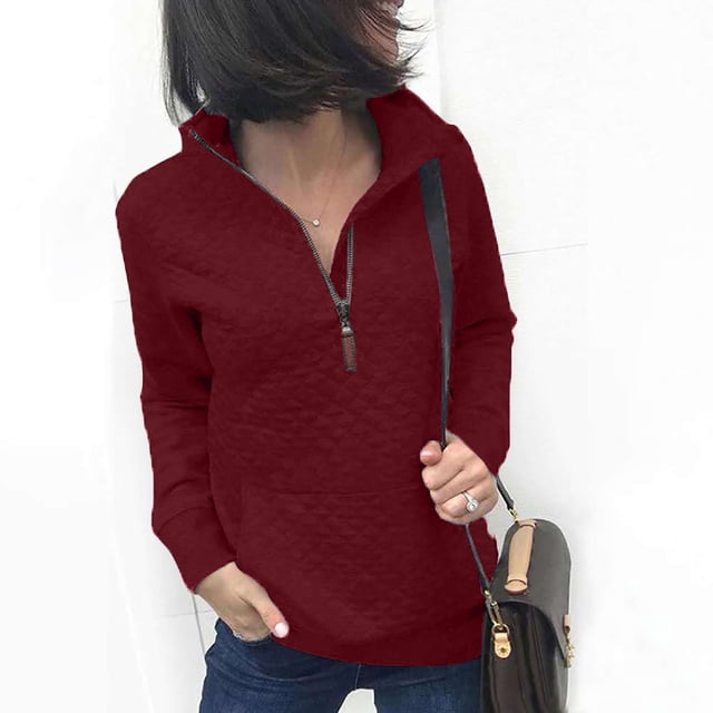 PEZHADA Chandails d'Automne pour Femmes Liquidation Femmes Demi-Glissière Chandails Courts Unis Col Rabattu Revers Vêtements Blouse Manches Longues Chandail à Enfiler Chemise Hauts Chandails Rouge