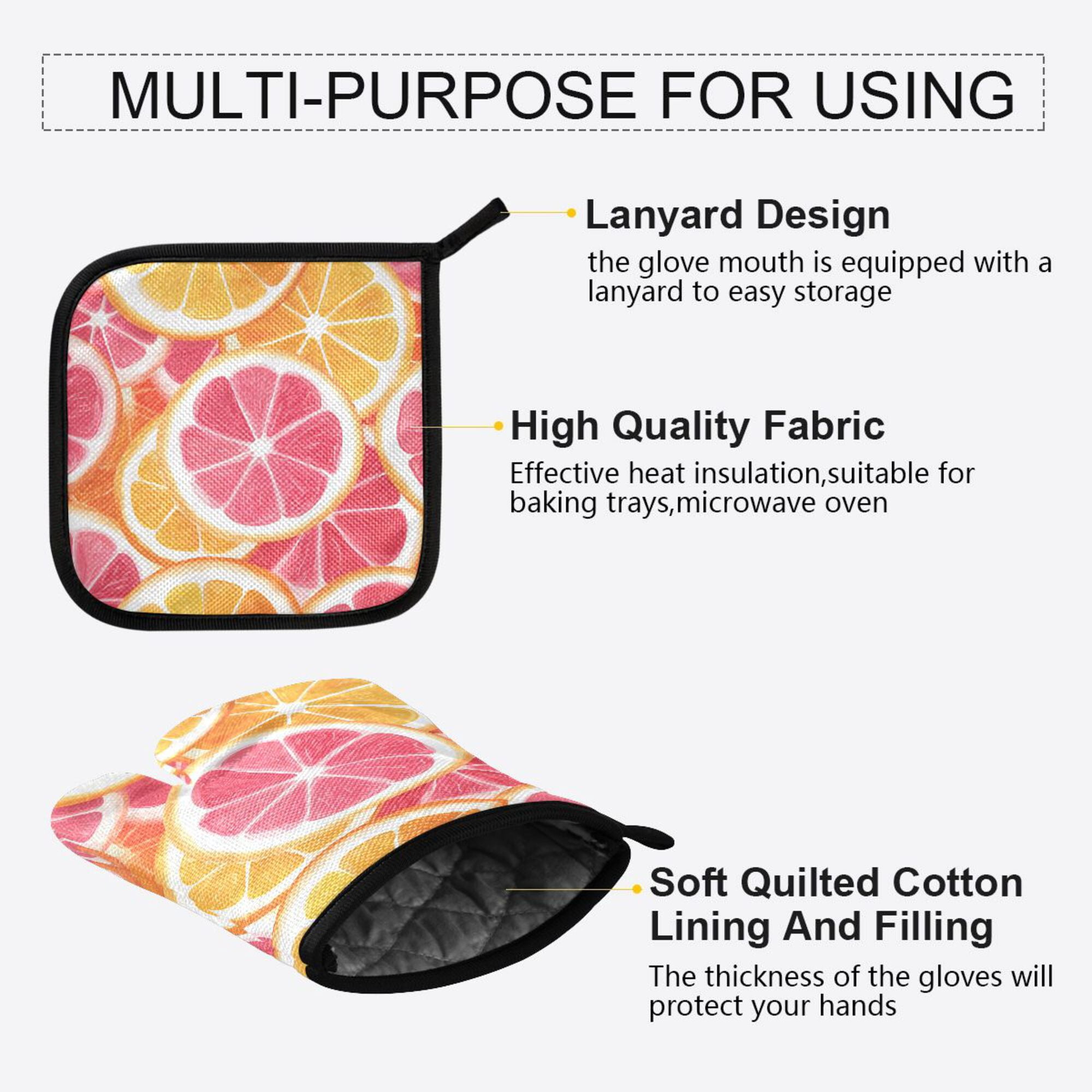 Yayeee Oven Mitts and Pot Holder Set of 4 Heat Resistant Kitchen Gloves Baking Hot Pad, Pink Grapefruit Slices