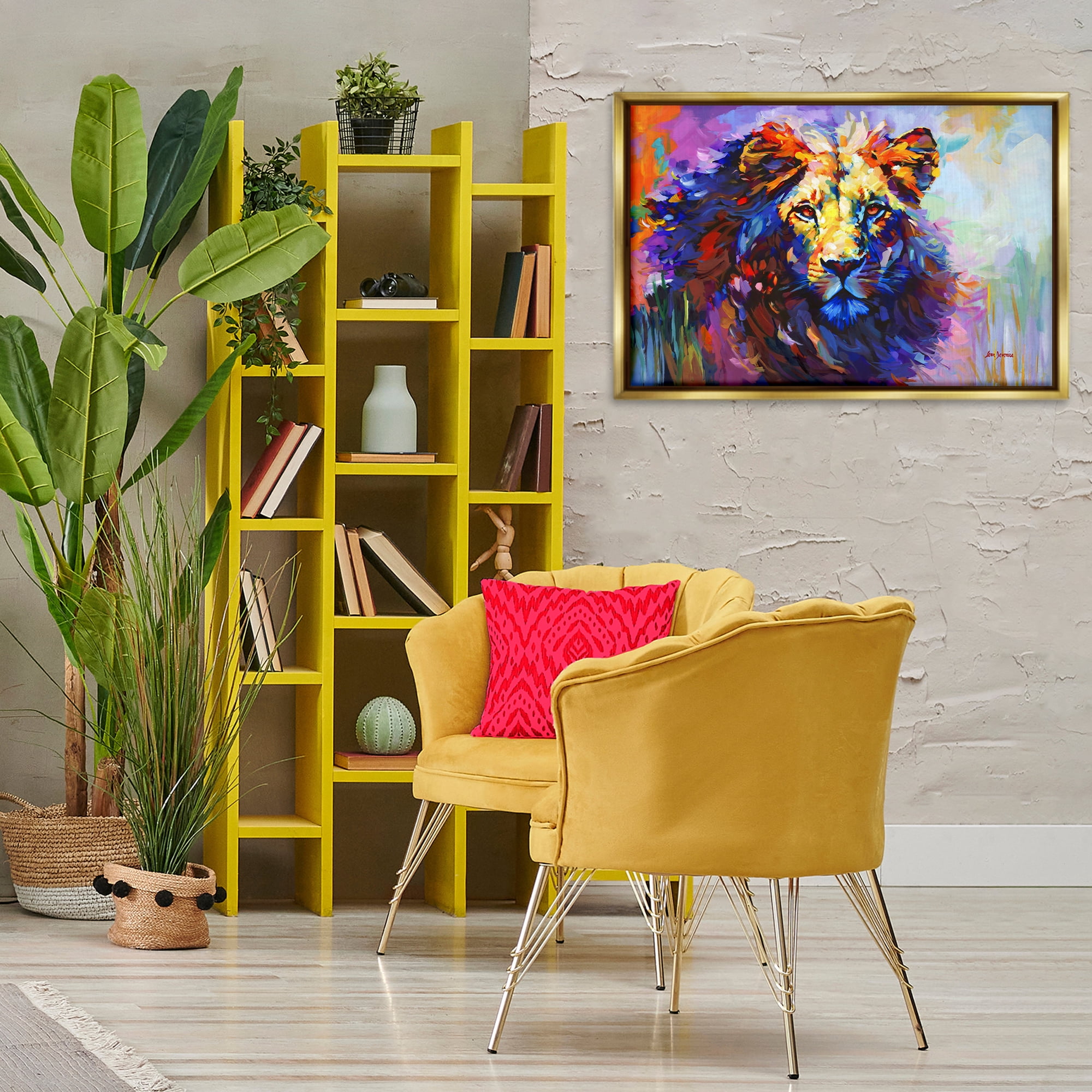 Stupell Industries Paint Strokes Lion Animals & Insects Painting Gold Floater Framed Canvas Art Print Wall Art, 31 x 21