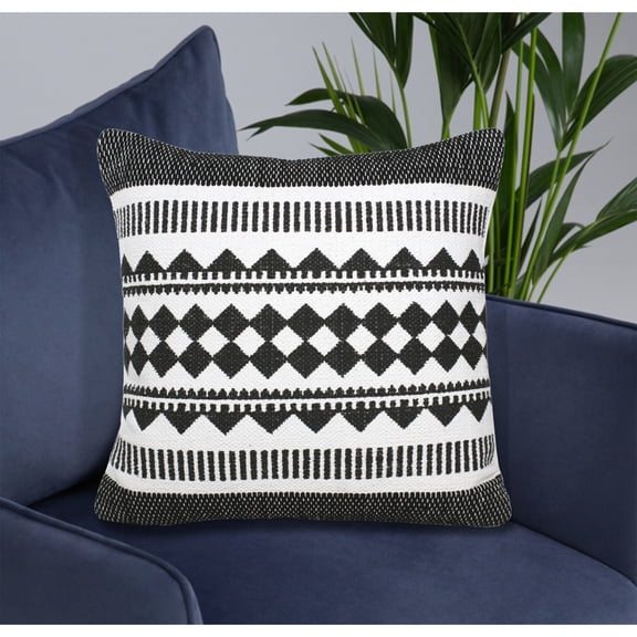 Laddha Home Designs Handwoven Tribal Cotton Throw Pillow Cover - 20" - White and Black
