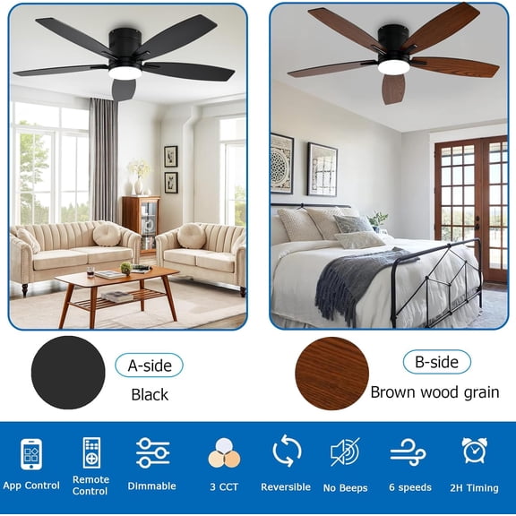 52 Inch Flush Mount Ceiling Fan with Light and Remote/App Control, Black Low  Indoor Outdoor Fan