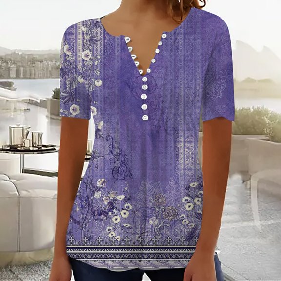 Blue Women's Short Sleeve T-shirt, Summer Tops For Women 2025 Trendy Boho Floral Print Tunic Shirts Short Sleeve V Neck Tshirt Casual Loose Blouse,Women's Short sleeve T-shirt XXL