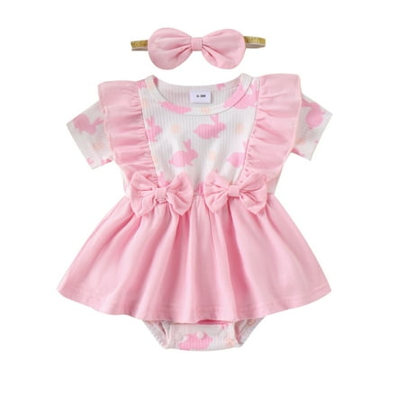 

ESASSALY Girl Easter Jumpsuit Dress Bunny/Shamrock Short Sleeve Romper Headband