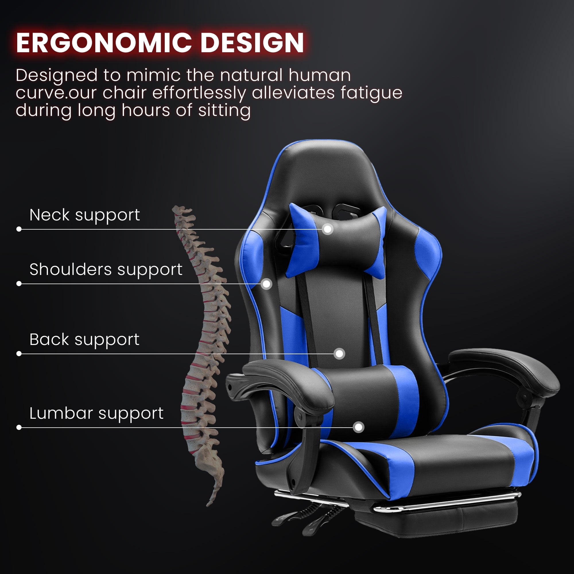 JONPONY Big and Tall Gaming Chair, Ergonomic Design, Gamer Chair PU Leather with Footrest and Lumbar Support, High Back Office Chair Support 8 Hours Long Sitting, Computer Chair,Black Blue
