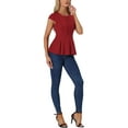 thumbnail image 2 of INSPIRE CHIC Women's Peplum Tops Cap Sleeve Round Neck Solid Color Blouses M Dark Red, 2 of 6