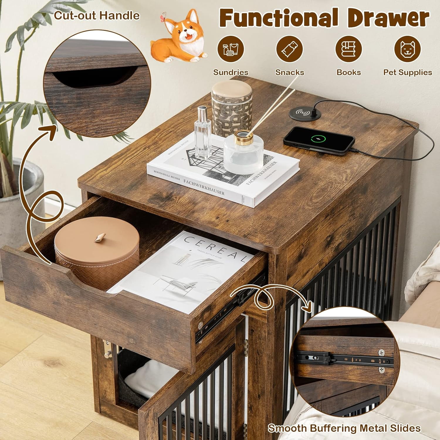 Furniture Style Dog Crate, Decorative Dog Kennel End Table with USB & Wireless Charging Station, Storage Drawer, Indoor Dog House for Small Dogs (Rustic Brown)