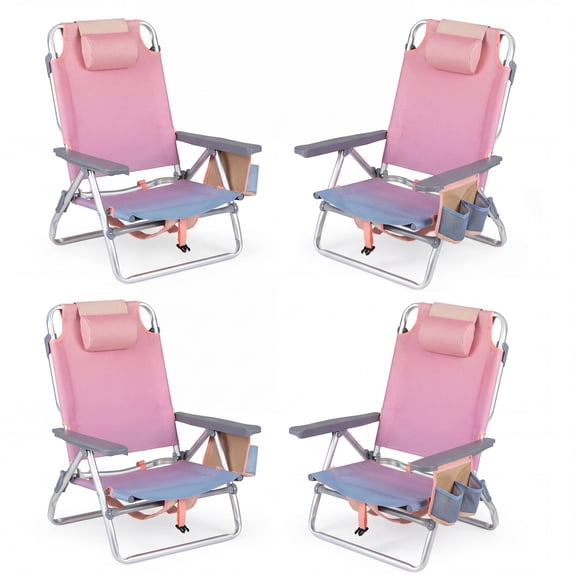 Gymax Set of 4 Beach Chairs Lightweight Aluminum Backpack Folding Recliners with 5-Position Backrest & Padded Headrest Pink