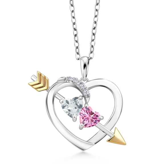 Gem Stone King 925 Silver and 10K Yellow Gold Pendant with Chain Aquamarine Pink Moissanite (0.96 Cttw)