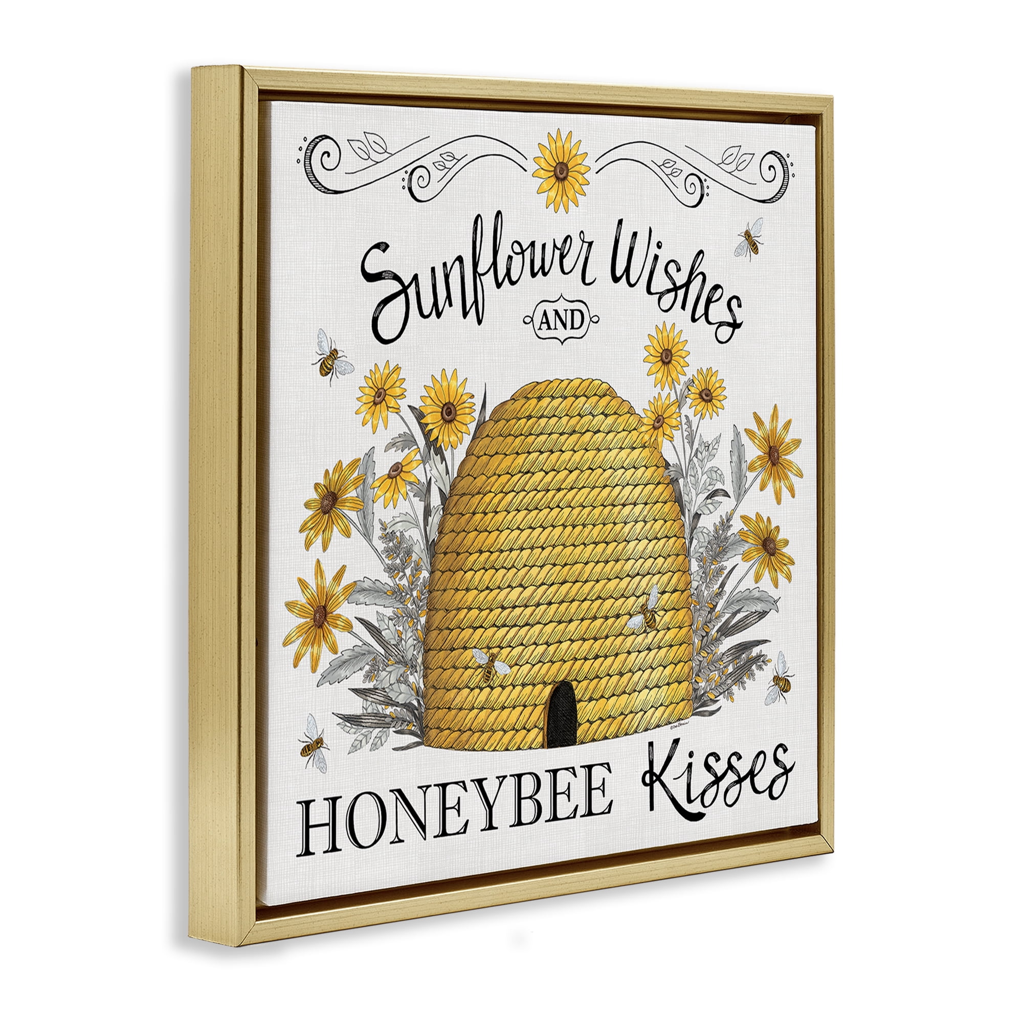Stupell Industries Sunflower Wishes Honeybee Kisses Plants & Flowers Painting Gold Floater Framed Canvas Art Print Wall Art, 25 x 25