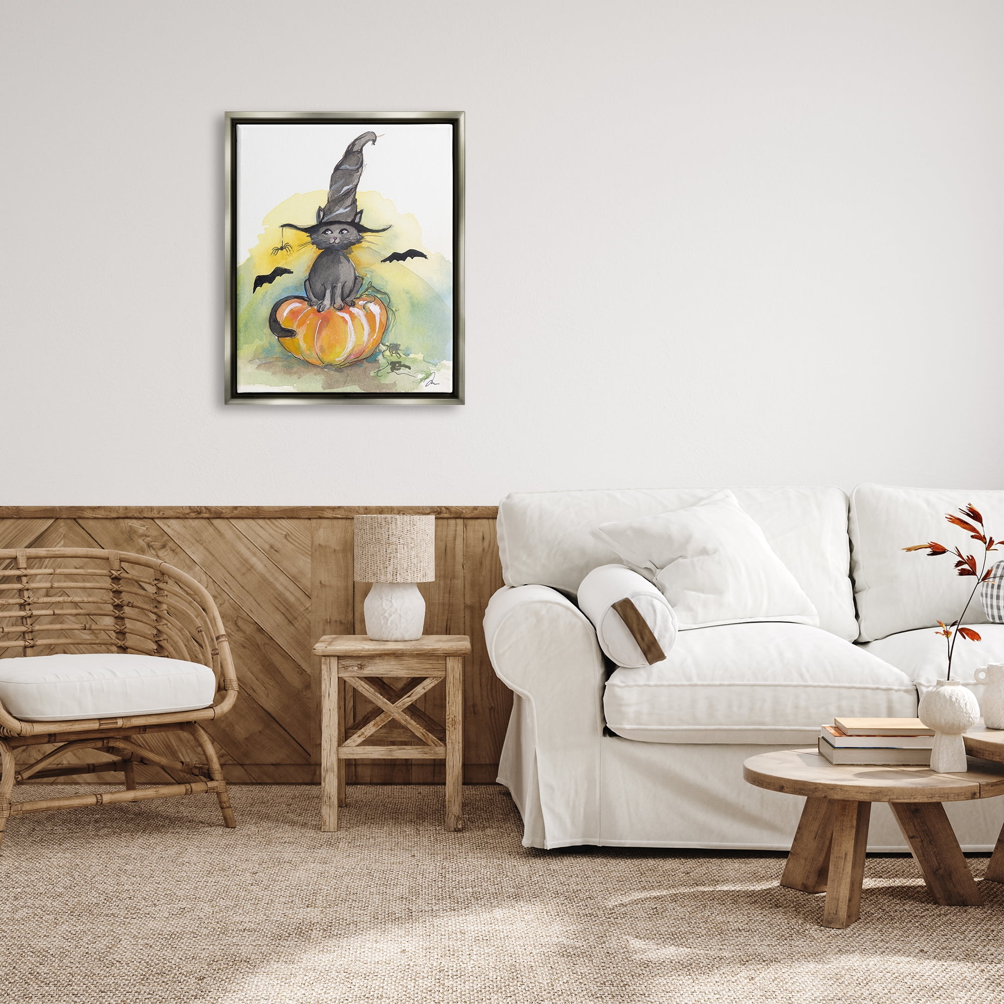 Stupell Industries Witch Cat on Pumpkin Holiday Painting Gray Floater Framed Art Print Wall Art, 25 x 31