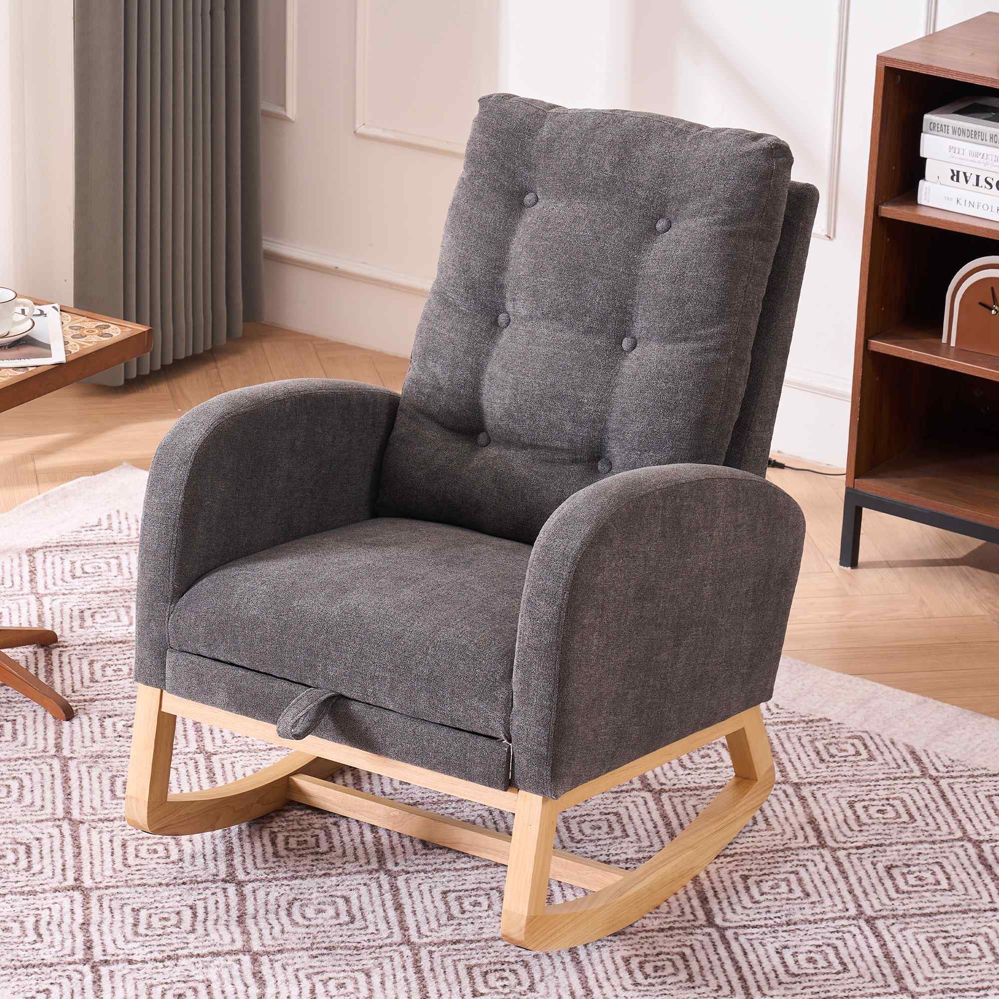 Timbernest Accent Rocking Chair with Footrest, High Back, Rubberwood Rocking Legs for Nursery, Living Space, Teddy Gray
