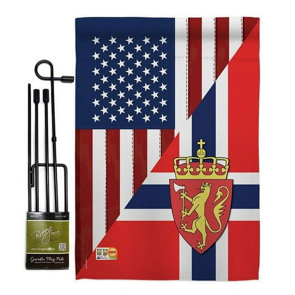 Breeze Decor BD-FS-GS-108386-IP-BO-D-US16-BD 13 x 18.5 in. US Norway Friendship Flags of the World Impressions Decorative Vertical Double Sided Garden Flag Set with Banner Pole