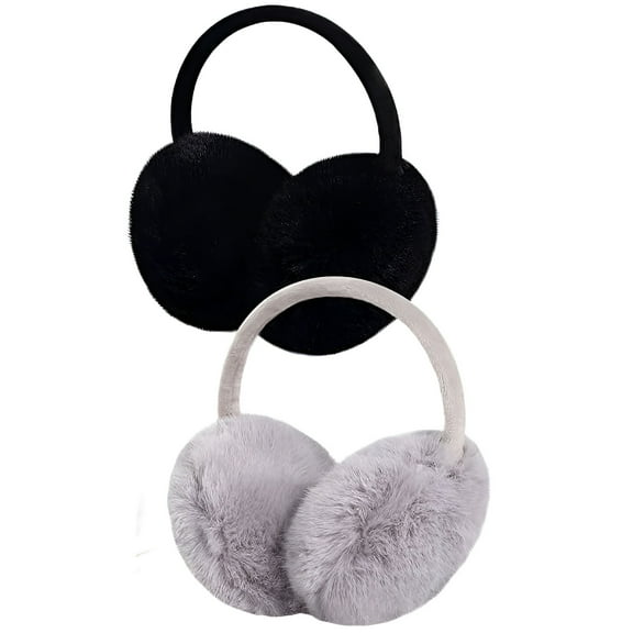 LAMIRO 2Pcs Adjustable Faux Fur Earmuffs- Soft Warm Ear Muffs for Winter Women Men Black and White