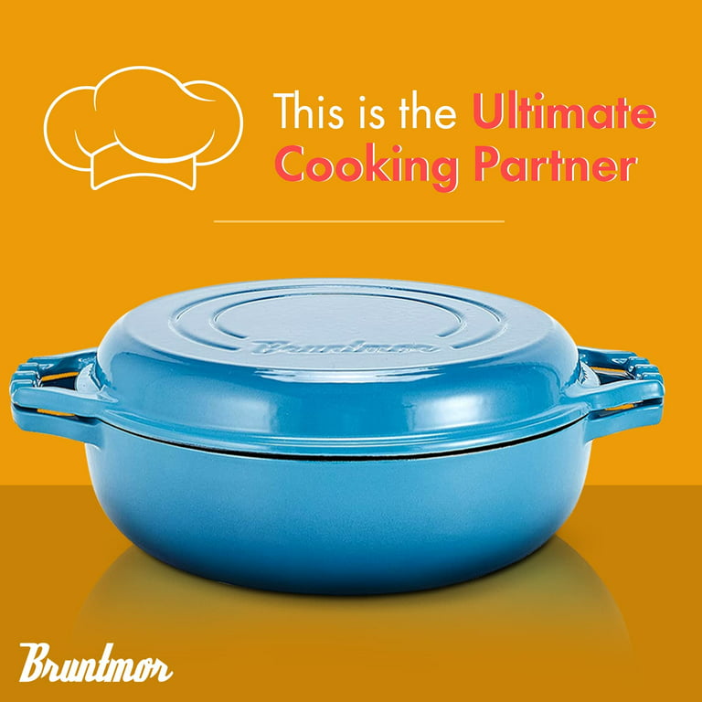 Bruntmor 2-in-1 Enameled Cast Iron Cocotte Double Braiser Pan with Grill Lid 3.3 Quarts - Barbecue