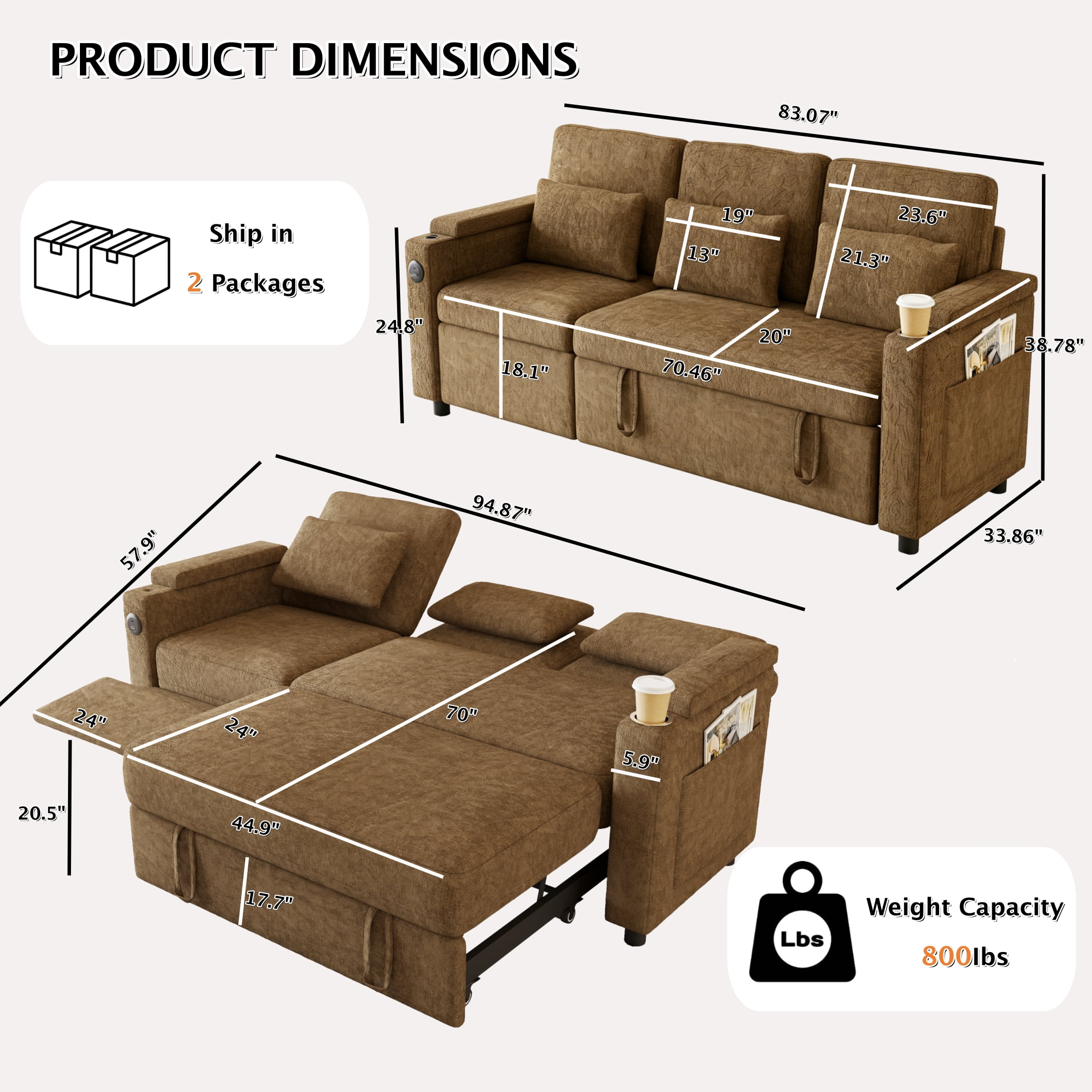 ShiKeyi 83" 3-in-1 Convertible Sofa Bed, Chenille 3 Seater Couch with Sleeper Sofa Function, Adjustable Backrest, USB Ports & Storage Armrests, Khaki