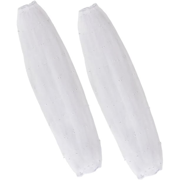 Un par de guantes de boda blancos con perlas, de poliéster, con mangas abullonadas de malla desmontables de 68,5 cm de largo. Guantes sin dedos ideales para vestidos de novia.
