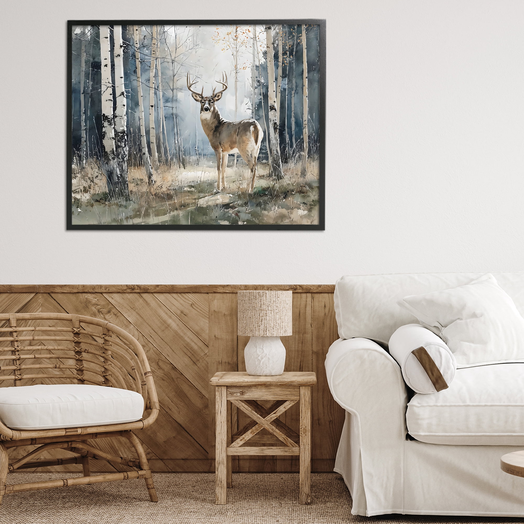 Stupell Industries Lone Stag in Birch Forest Black Framed Giclee Art, design by Franklyn Gregory