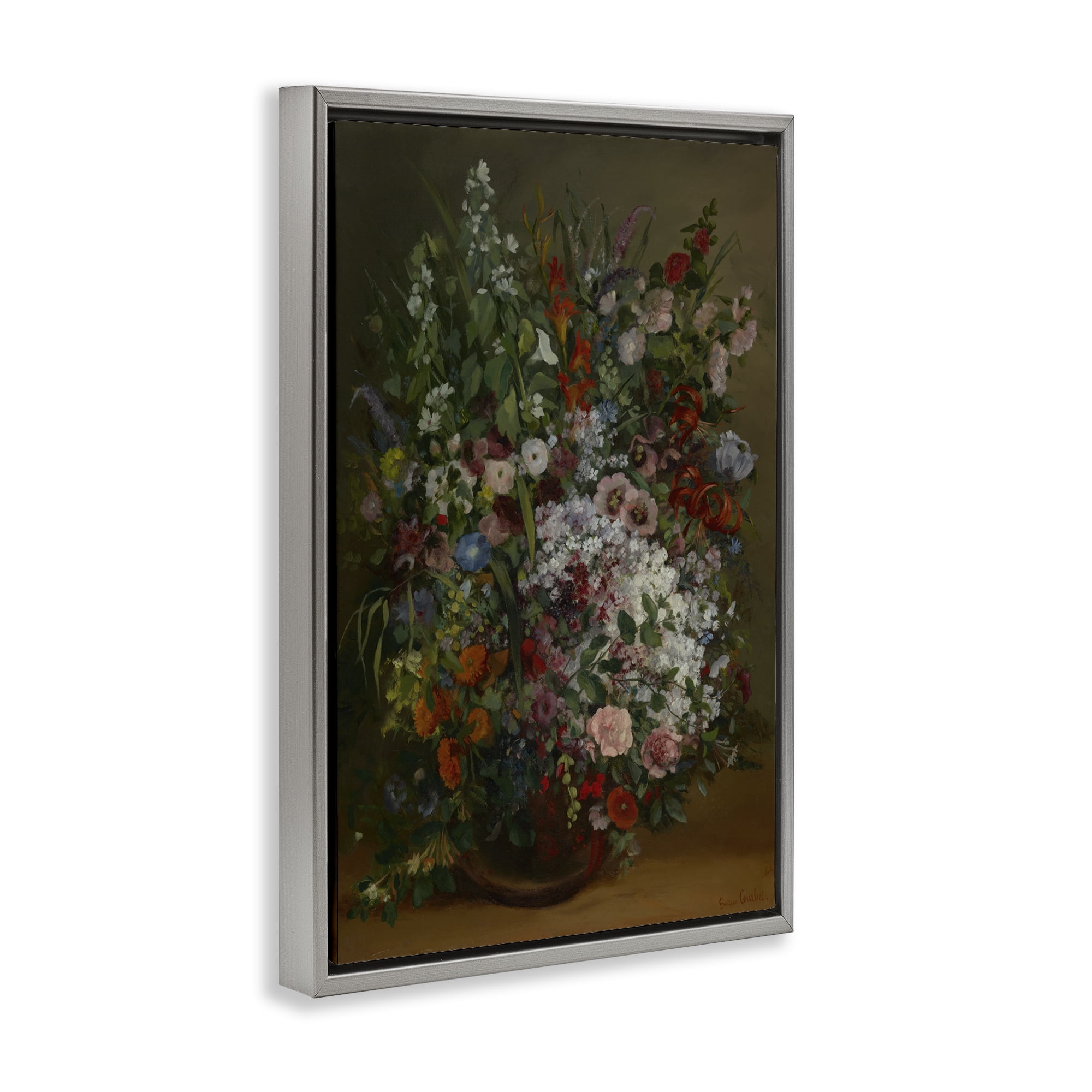 Stupell Industries Classical Bouquet of Flowers Plants & Flowers Painting Gray Floater Framed Canvas Art Print Wall Art, 21 x 31