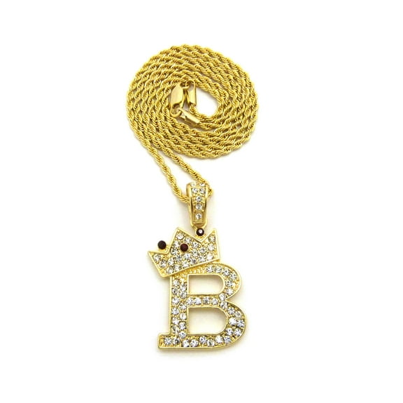 Stone Stud Tilted Crown Initial B Pendant w/ Gold-Tone Necklace - 3mm 18" Rope Chain