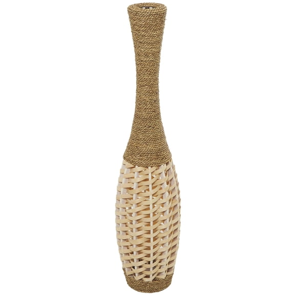 DecMode Wood/Bamboo Bohemian Curved Round Slender Decorative Vase 7"W x 40"H, with Light Brown Woven Bamboo Strips and Coiled Brown Woven Rope