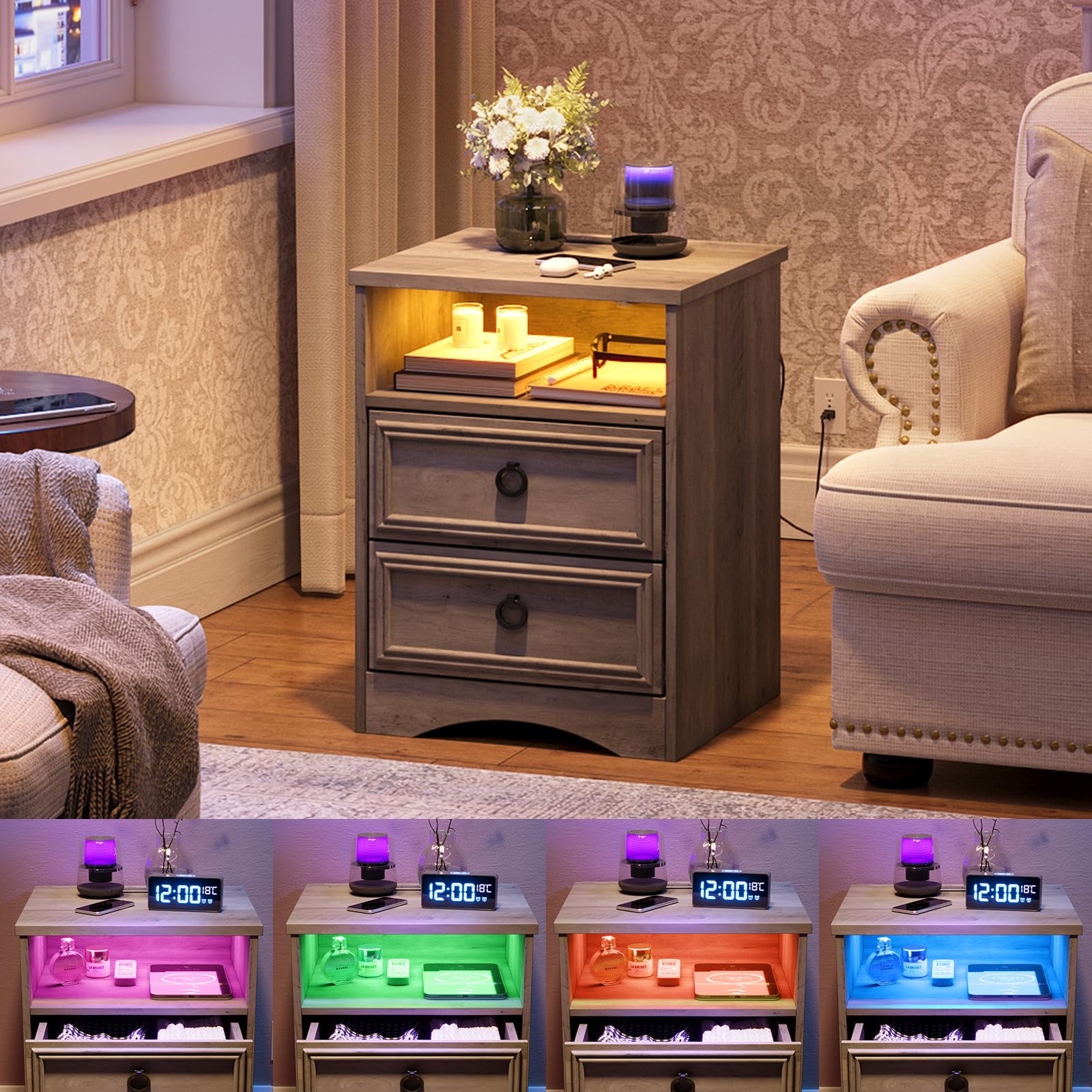 LGHM Nightstands Set of 2 with Charging Station & LED Light, Bedside Table with 2 Drawers for Bedroom, Living Room, Gray