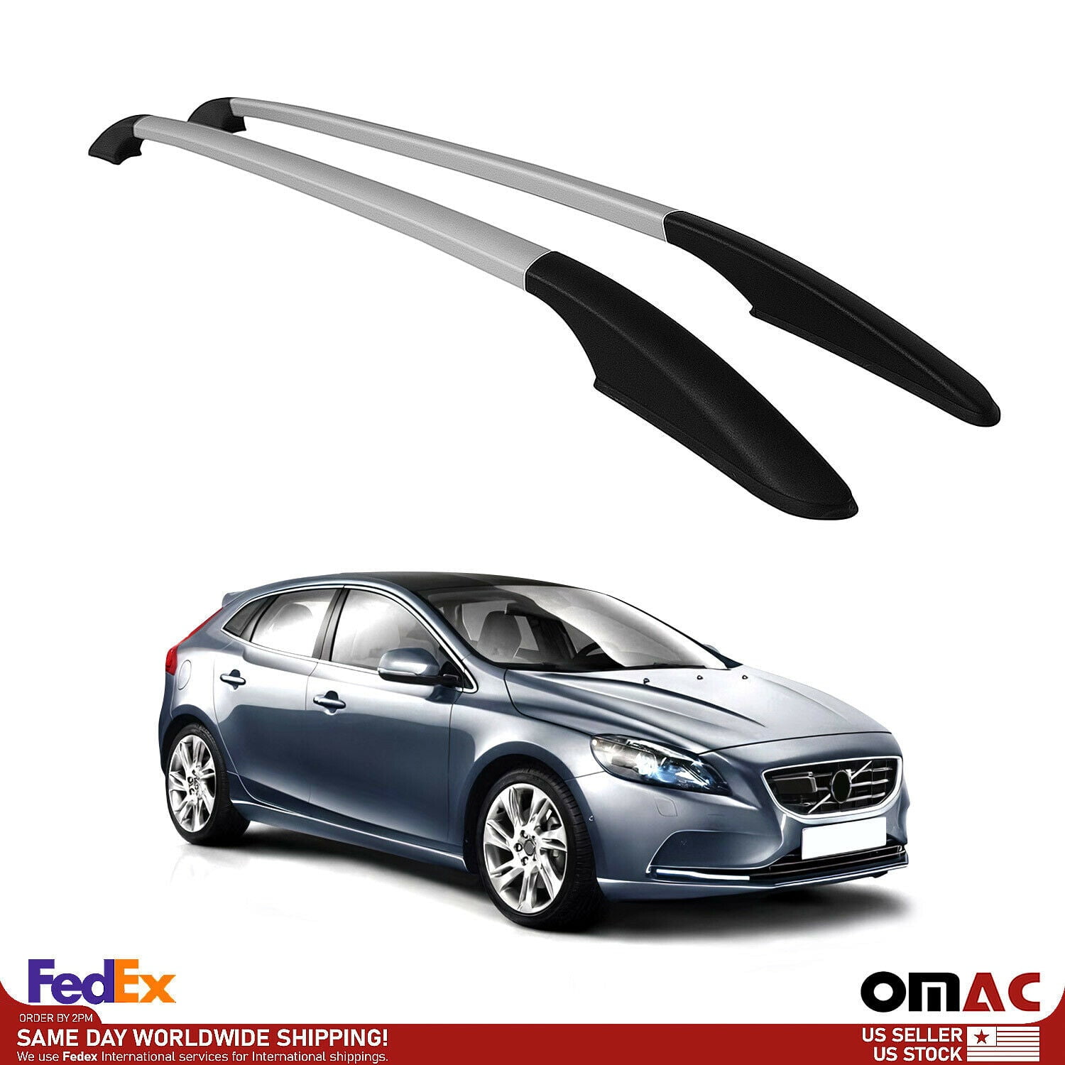 OMAC Top Roof Rack Side Rails Bars Alu Silver For Volvo V40 20122014