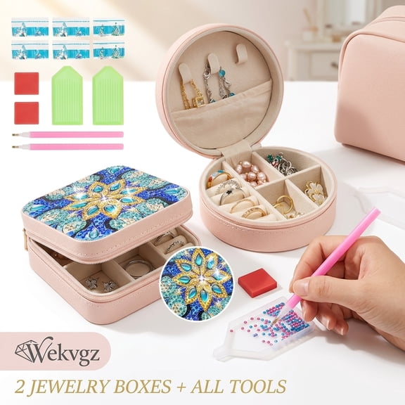 Wekvgz 2 Pcs DIY Diamond Art Jewelry Storage Box for Girls and Women Portable Diamond Art Jewelry Organizer for Travel and Daily Square and Round