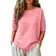 thumbnail image 2 of Helii Women's Cotton Linen Blouse – 3/4 Lantern Sleeve Round Neck Top, Plus Size Loose Fit Tunic with Drawstring Hem, Breathable Summer Shirt for Casual Vacation Pink,XL, 2 of 9