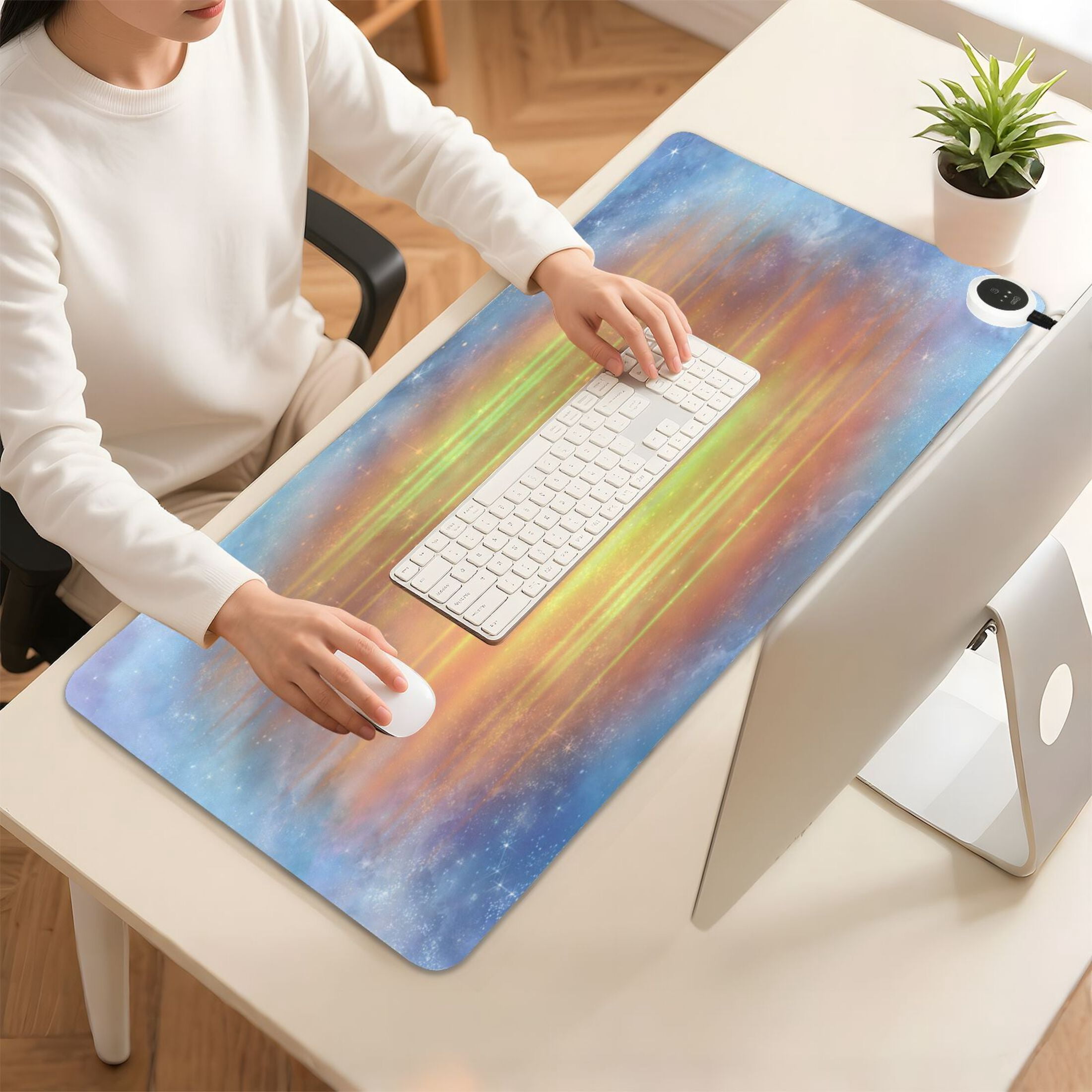 Large Heated Desk Mat Mouse Pad 31.5"x13"PU Leather Graphene Heating Desk Warmer with 3 Temperature Settings 110V US Plug Non-Slip Warm Pad for Home, Office, and Gaming Seamless Cosmic Texture Design