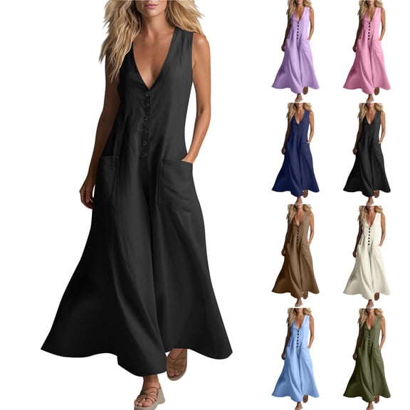 Women's Fashion Dress Sleeveless Button Down Loose Flowy Maxi Long Pocketed Casual
