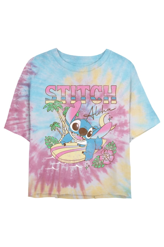 Juniors' Lilo & Stitch Surfing Stitch Graphic Cropped T-Shirt Blue/Pink/Light Yellow Small