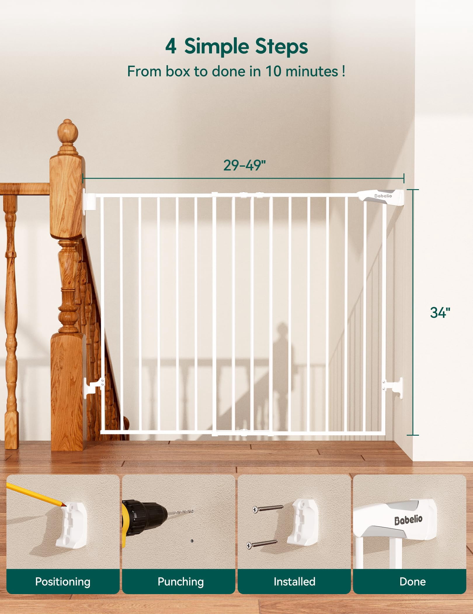Gate for Stairs & Doorways, 26-43" W 34" H Extra Tall| No Bottom Bar| Easy Installation| One-handed Operation| Auto-close| Hardware Mount (Drill Needed) Safety Dog/Pet Gate Indoor (White)