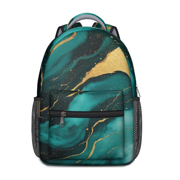 Teal Gold Marble Backpack for School,Cute School Bag,Schoolbag with Adjustable Shoulder Straps & Padded Back,15.3"x11"x6.7"