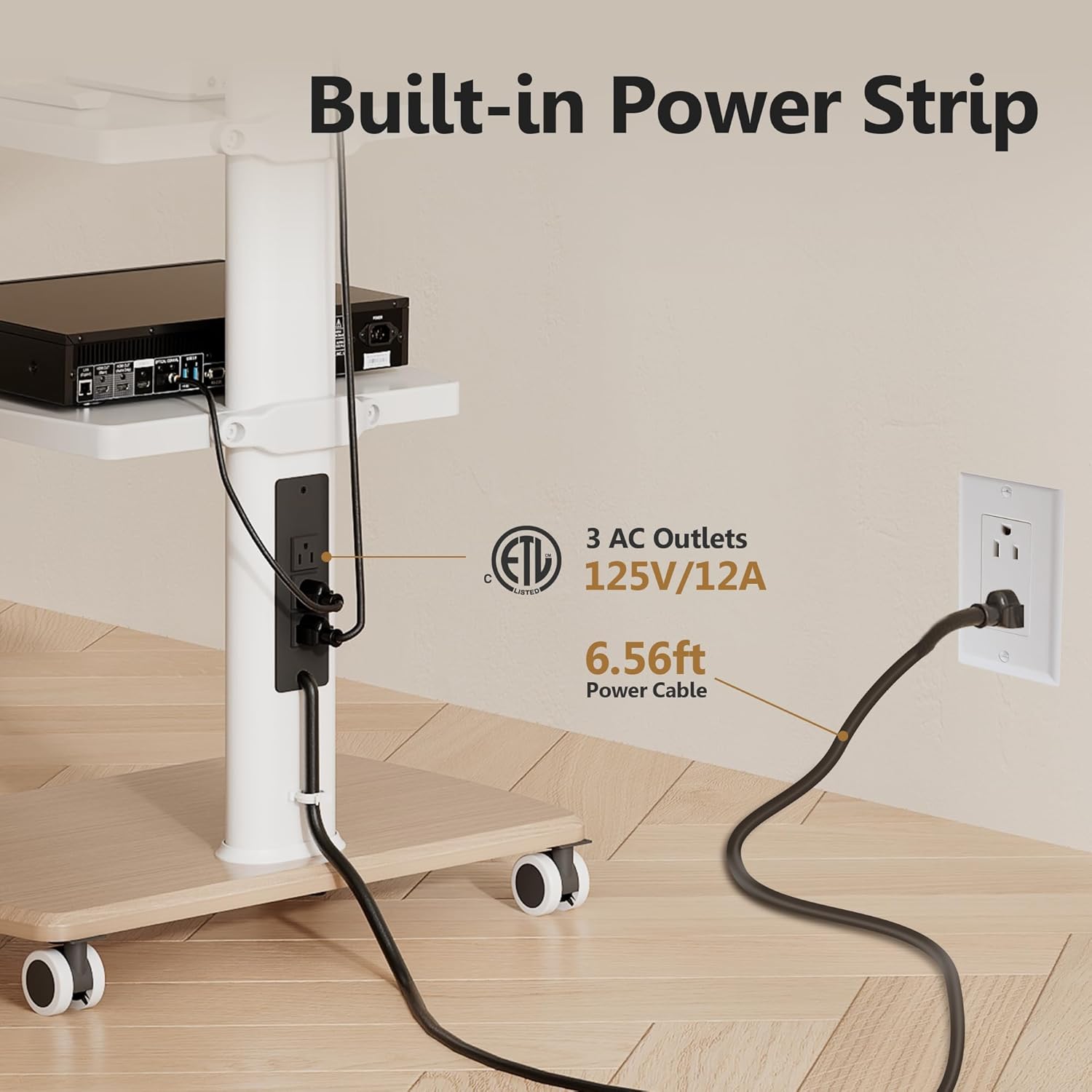 FITUEYES Rolling TV Stand for 32–75 Inch TVs, White, Power Outlet, Swivel Mount