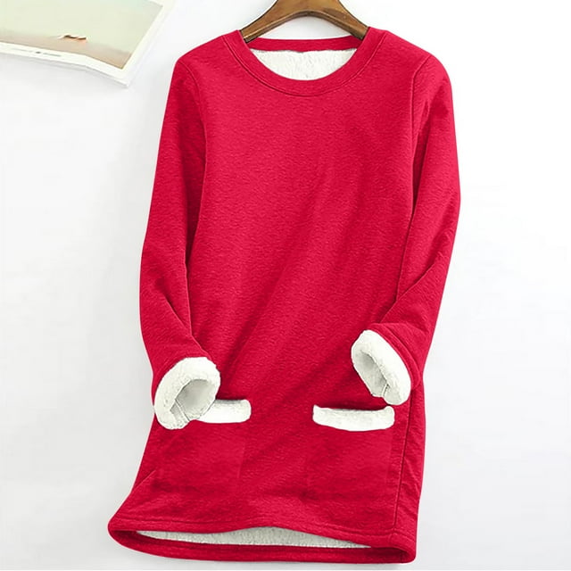 Hauts Chauds pour Femmes Hiver Habillés Col Rond Poche Épaissie Peluche Chaude Manches Longues Hauts à Capuche Femmes en Liquidation