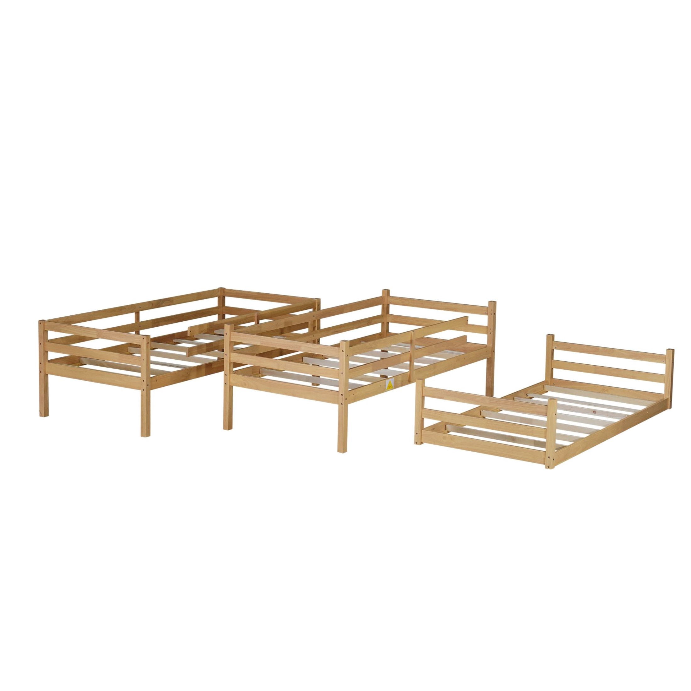 Noble House Shasha Triple Rubber Wood Bunk Bed, Convertible Twin over Twin over Twin with Guardrails and Ladders, White Oak