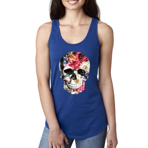 Roses Skeleton Face Floral Skull Fashion Ladies Racerback Tank Top, Royal, X-Large